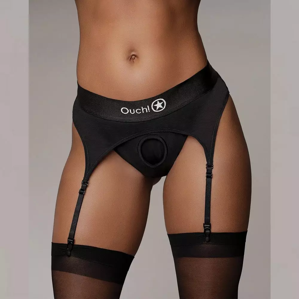 Ouch! Vibrating Strap-On Thong with Adjustable Garters - M/L